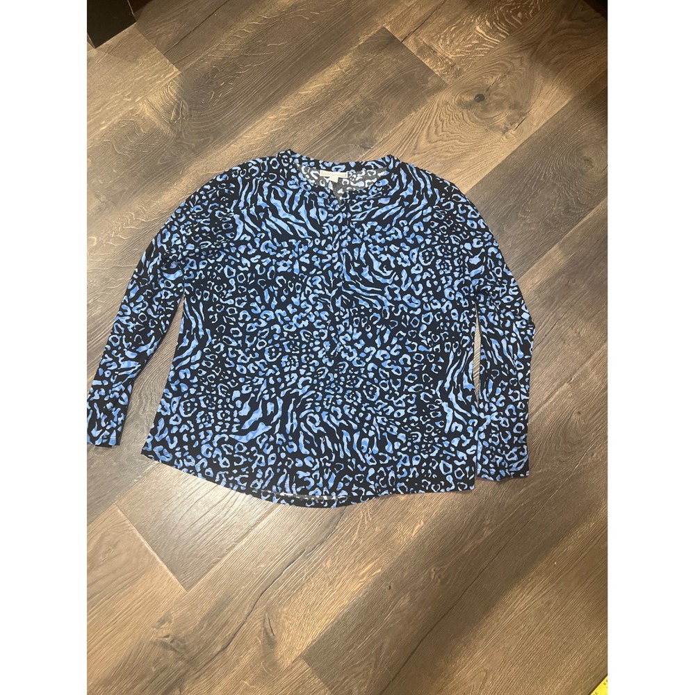 Dana Buchman Women's Size L Blue Animal Print Long Sleeve‎ Button Up Shirt